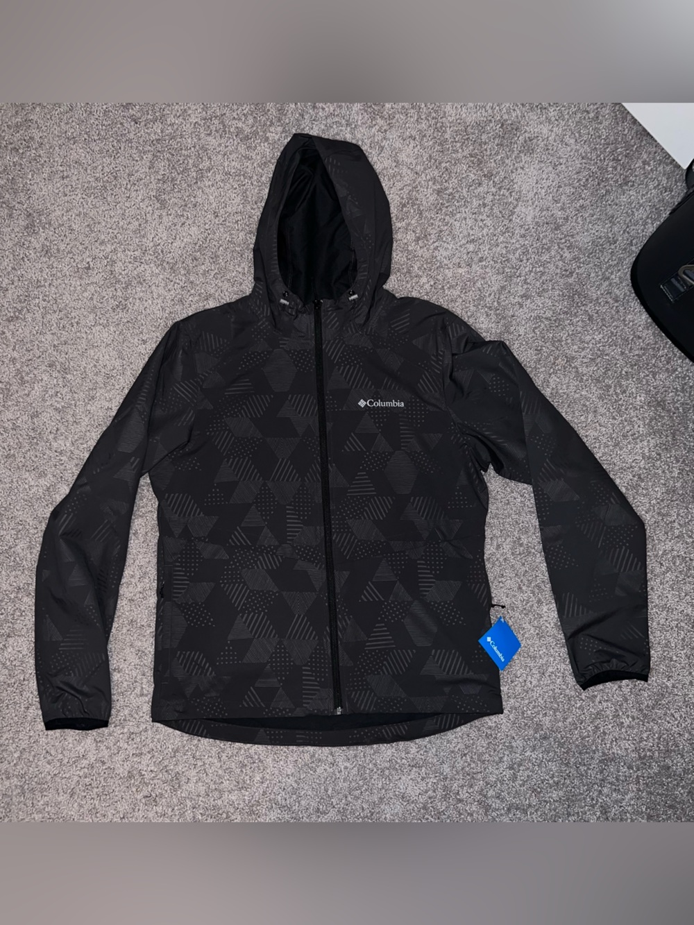 Columbia Black Hooded Raincoat with Geometric Print